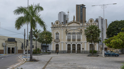 Palm trees in city against sky