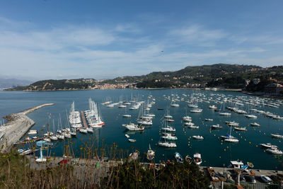 Boats moored at harbor against sky