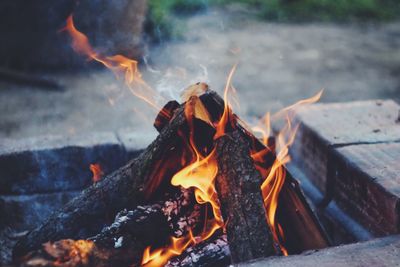 Close-up of bonfire on fire at night