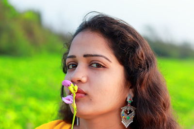 Gorgeous woman portrait with female model face close up