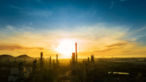 High angle view of cityscape against sky during sunset