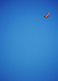 Low angle view of bird flying against clear blue sky