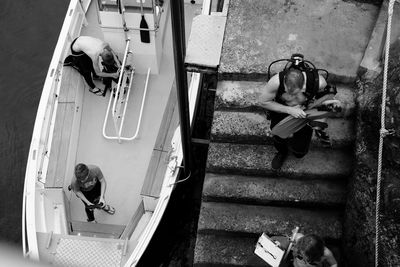 High angle view of divers on boat