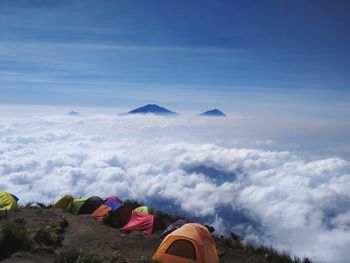 Tent on mountain against sky