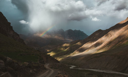 Scenic view of rainbow over mountains against sky