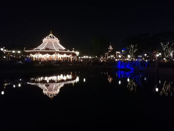 Reflection of illuminated built structure in water at night