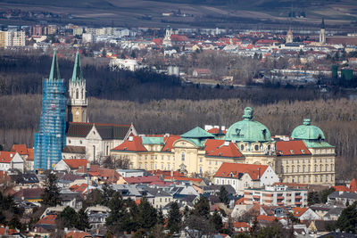 High angle view of buildings in city