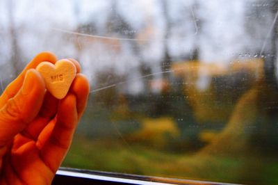 Hand holding heart shape candy