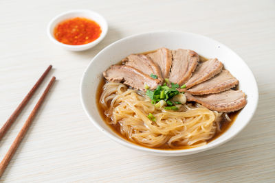 High angle view of food in plate on table