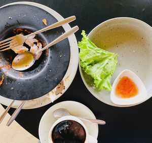 High angle view of soup in bowl on table