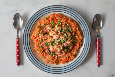 High angle view of food in bowl on table