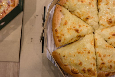 High angle view of pizza on table