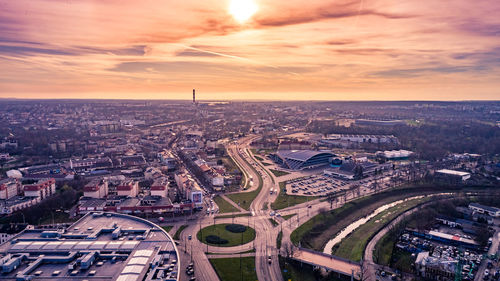 High angle view of cityscape during sunset