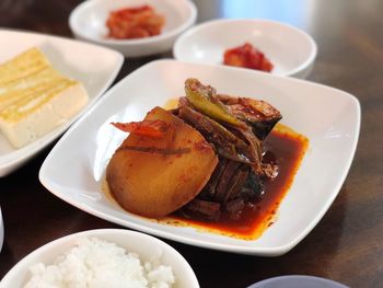 High angle view of food in plate on table