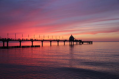 Silhouette man on sea against sky during sunset