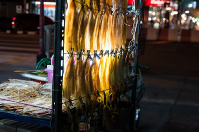 Dried squid for eat at night market. famous thai street food.