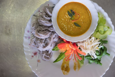 High angle view of food in plate on table