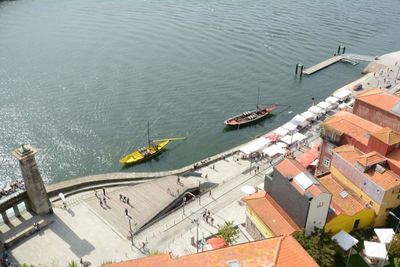 High angle view of boats in water