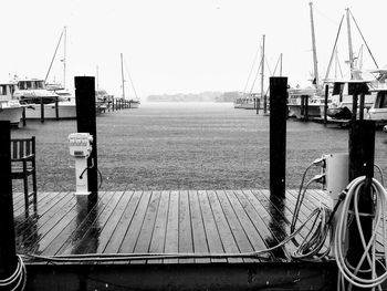 Sailboats moored at harbor against sky