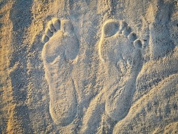 High angle view of footprints on sand