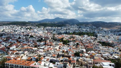 High angle shot of townscape against sky