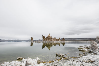 Scenic view of lake against cloudy sky