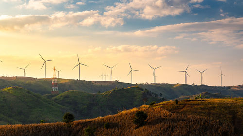 Wind turbines on field against sky during sunset