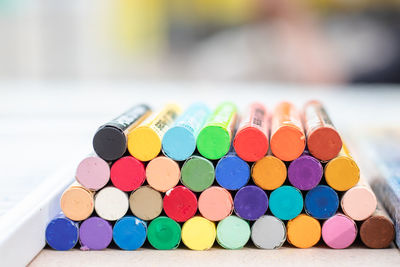 High angle view of multi colored pencils on table