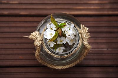 Close-up of fresh white flowers in bowl on table