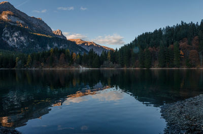 Scenic view of lake and mountains against sky