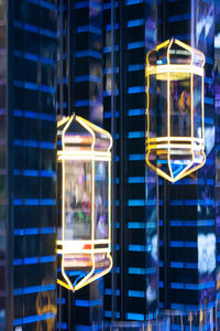 Close-up of illuminated modern building at night