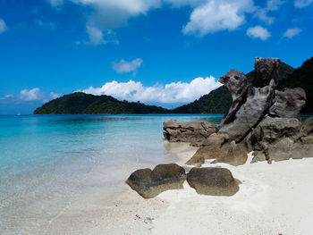 Scenic view of rocks in sea against sky