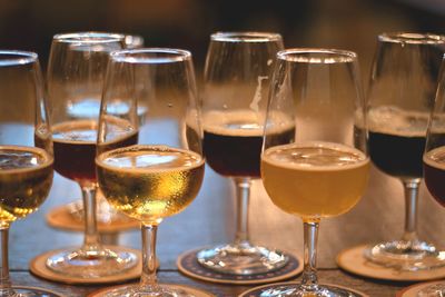 Close-up of beer glass on table