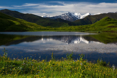 Scenic view of lake and mountains against sky