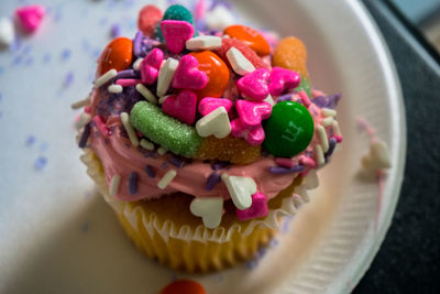 High angle view of cupcakes in plate