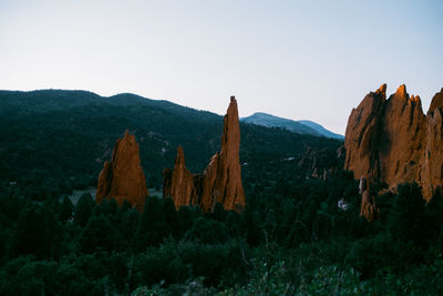 Panoramic view of rocky mountains against clear sky