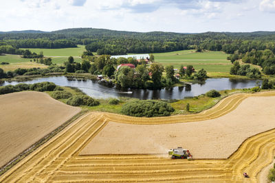 High angle view of harvested field