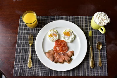 High angle view of breakfast served on table