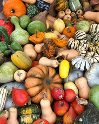 High angle view of pumpkins for sale in market