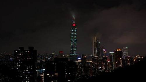 Illuminated buildings in city at night