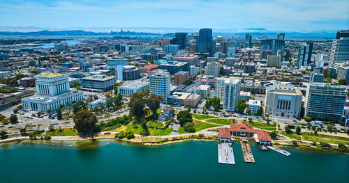 High angle view of buildings in city