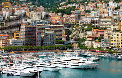 Boats moored on river against buildings in city