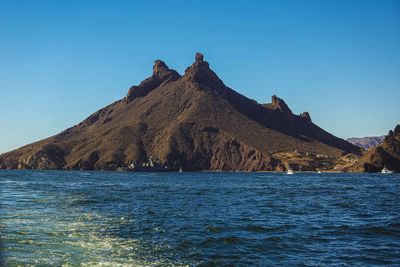 Scenic view of sea against clear blue sky