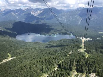 Scenic view of overhead cable cars on field against sky