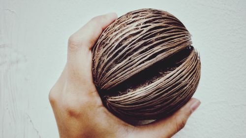 Close-up of human hand against white wall