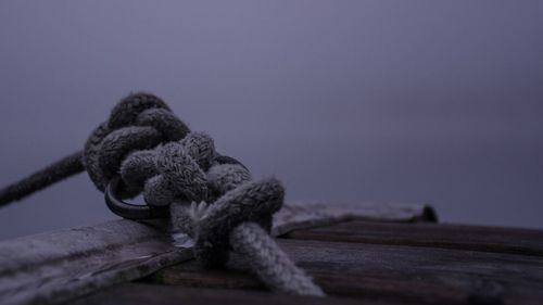 Close-up of rope tied on wood against sky