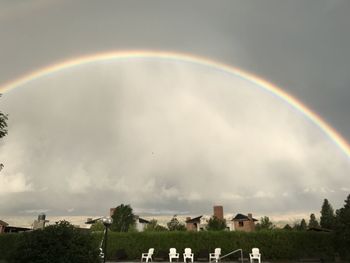 Scenic view of rainbow over building against sky