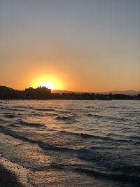 Scenic view of sea against clear sky during sunset