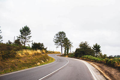 Empty road amidst trees against sky