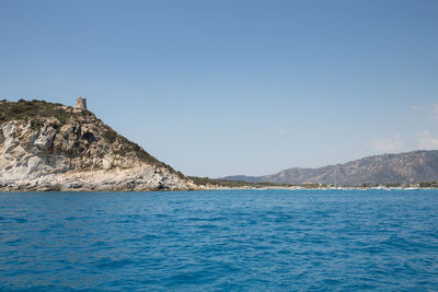 Scenic view of sea against clear blue sky